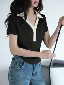 K-Vae Women's Summer Contrasting Color Edge T-Shirt, College Style T-Shirt, Daily Casual V-Neck Stretch Short-Sleeved T-Shirt