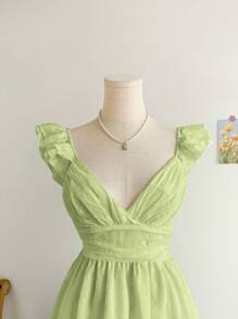 Soleia Women's Vacation Romantic Cutout Textured Fabric V-Neck Double Layer Flutter Sleeve Crisscross Back Mini Dress With Faux Pearl Embellishment, A-Line Silhouette, Suitable For Party, Valentine's Day, Date, Wedding, Afternoon Tea Light Green Dress Green Sundress Sage Dress Lime Green Dress Cottagecore Dress Sage Green Dress