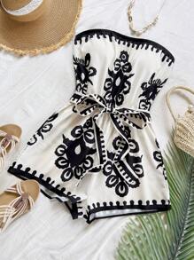 Soleia Blue White Printed Cropped Cami Jumpsuit For Women, Suitable For Vacation - Black and White - View 4