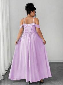 Elenzga 大码女式细肩带露肩连衣裙，优雅开衩礼服 - 淡紫色 - 查看 2