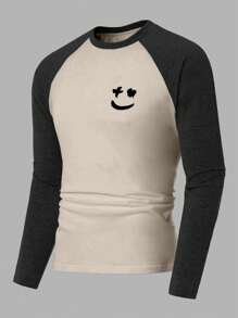 EURMUSE Men's Contrast Color Patchwork Print Raglan Sleeve T-Shirt - Beige - View 1