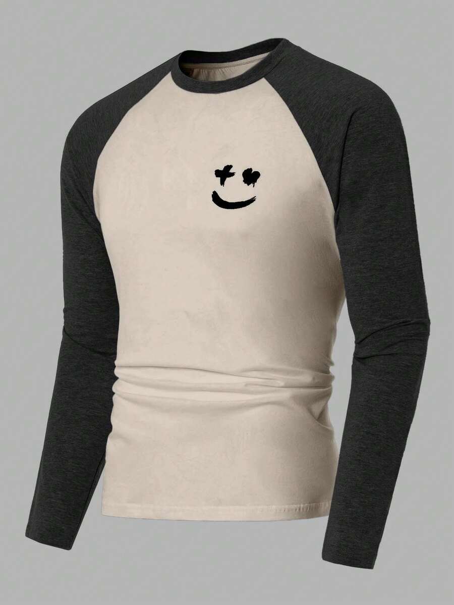 EURMUSE Men's Contrast Color Patchwork Print Raglan Sleeve T-Shirt - Beige - View 1