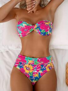 Swim Vcay 2025 花卉印花吊带露脐上衣和高腰短裤比基尼套装（可双面多穿），夏季海滩度假 - 彩色 - 查看 4