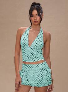 SHEIN BAE Women's Summer Polka Dot Print Plunging V-Neck Halter Camisole Top