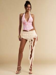 SHEIN BAE 纯色不对称荷叶边下摆甜美A字裙优雅浪漫沙滩度假裙夏季半身裙 - 杏色 - 查看 5