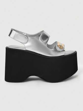 Grunge Punk Silber Mode Ultra High Heel Plateau Frauen Sandaletten, U-förmige Strass Schnalle Doppelriemen Klettverschluss Offene Zehe Design