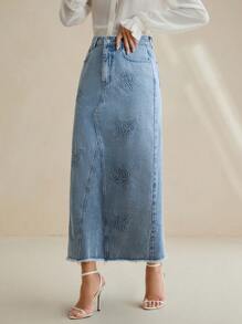 Anewsta Fashionable Women's Embroidered Denim Mini Skirt - Blue - View 4