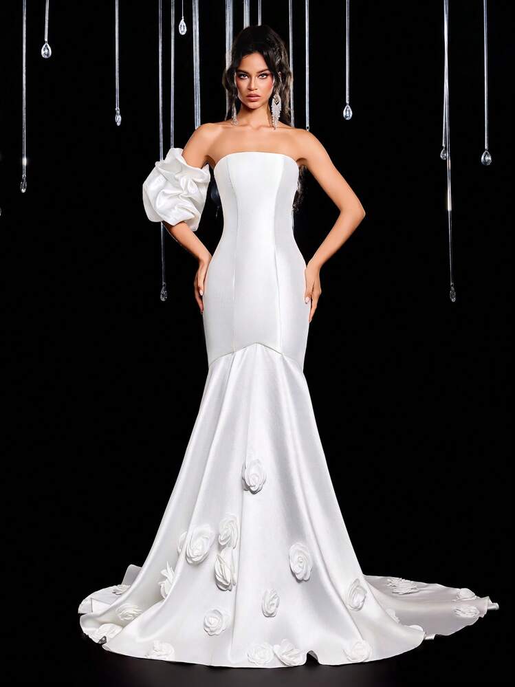 Glamrae Váy đuôi cá dài tay xẻ tà màu trắng thanh lịch tối giản, họa tiết hoa 3D thủ công, thích hợp cho lễ cưới - trắng - Xem 3