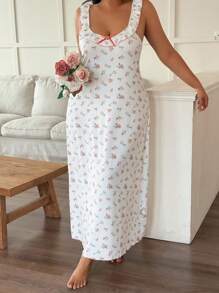 CottageSlumber 大码中长款碎花休闲连衣裙/睡袍 - 白色 - 查看 3