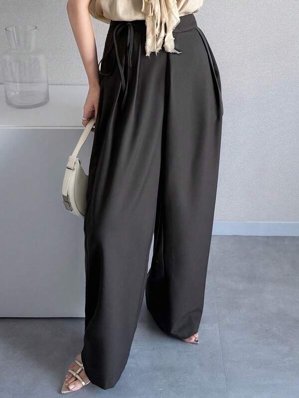 FRIFUL Women's Solid Color Bowknot Waist Casual Loose Straight Leg Pants,Versatile Business Wear