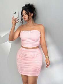 Elenzga Elegant Strapless Backless Top & Solid Color Ruffle Hem Bodycon Skirt 2 Pieces Plus Size Set - Coral Pink - View 1