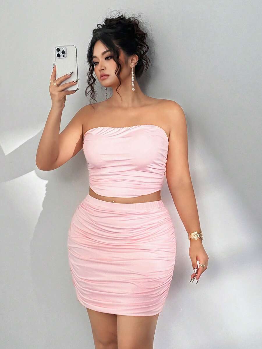 Elenzga Elegant Strapless Backless Top & Solid Color Ruffle Hem Bodycon Skirt 2 Pieces Plus Size Set - Coral Pink - View 1