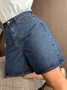 Dazy Plus Plus Size Navy Blue Washed Denim Wide Leg 5-Point Shorts With Butterfly Embroidery And Back Pocket, Spring/Summer Denim Shorts