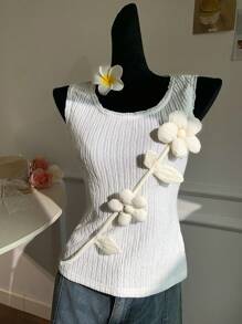 SHEIN EZwear 女式夏季假日风格 3D 花卉装饰纹理面料背心 - 白色 - 查看 7