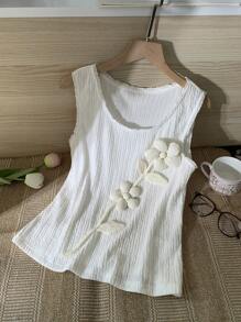 SHEIN EZwear 女式夏季假日风格 3D 花卉装饰纹理面料背心 - 白色 - 查看 6