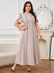 Modelyn Plus Size Summer Elegant Contrast Color Ruffle Trim Puff Sleeve Dress - Apricot - View 3