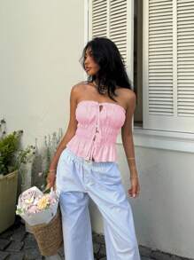 Sunnyshic Áo hở vai viền ren trắng cho nữ - Màu Hồng baby - Xem 5