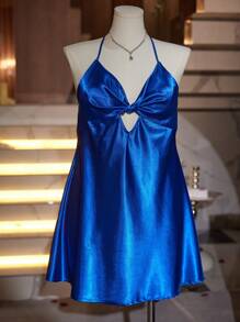 SilkySpell 大码女式藏蓝色仿丝性感露背睡裙娃娃衫女士睡衣 Luxeloungewear - 寶藍色 - 查看 7