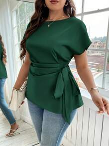 Reflora 夏季大码优雅纯色系腰衬衫 - 墨綠色 - 查看 6