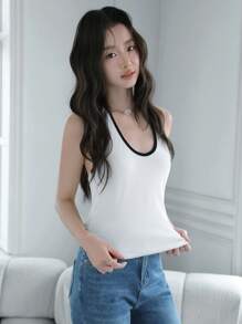 K-Vae 女式白色露背针织上衣，黑色撞色边缘夏季毕业度假上衣，休闲紧身弹力 - 黑與白 - 查看 3