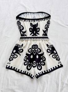 Soleia Blue White Printed Cropped Cami Jumpsuit For Women, Suitable For Vacation - Black and White - View 2