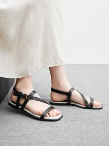 CUCCOO BIZCHIC Sandal Datar Kasual Dasar Bertali Hitam untuk Wanita - Hitam - View 4