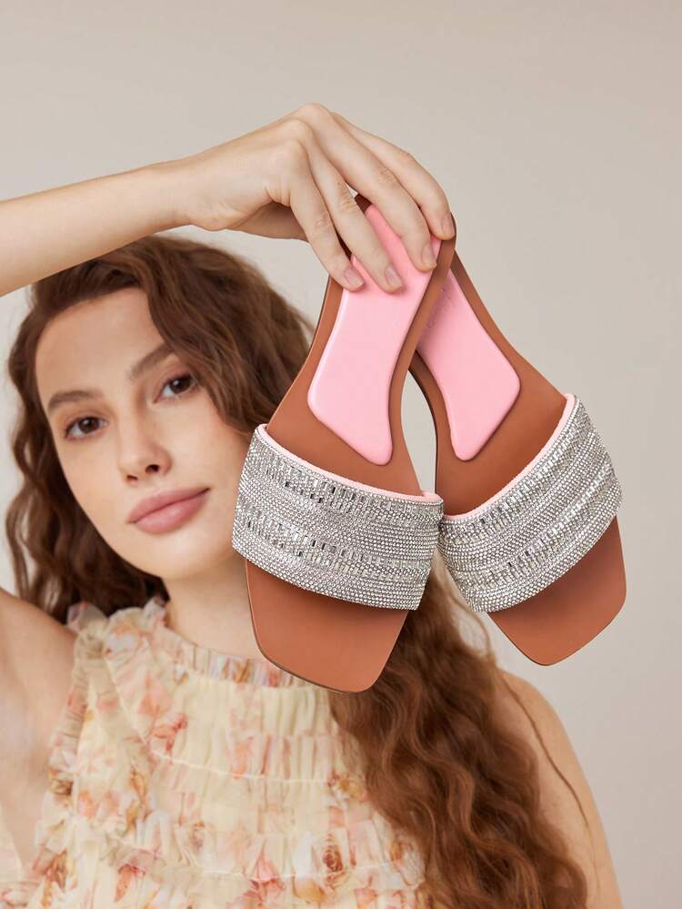 RHINESTONE DECOR SQUARE TOE FLAT SANDALS SPRING SHOES