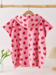 SHEIN Girls' Casual Cute Strawberry Print Hooded Flannel Robe/Bathrobe Fall Winter - Pink - View 2