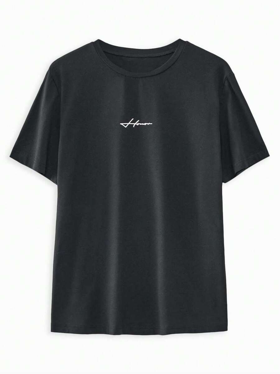 RueChic Camiseta de manga corta casual de cuello redondo con estampado de letras para hombres, versátil para el verano