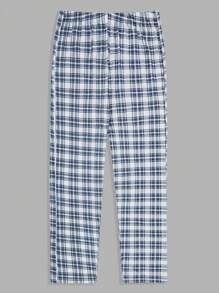 RueChic 男式棉质格子印花室内三件套常规T恤+短裤+长裤家居服套装 - 藏蓝色 - 查看 9