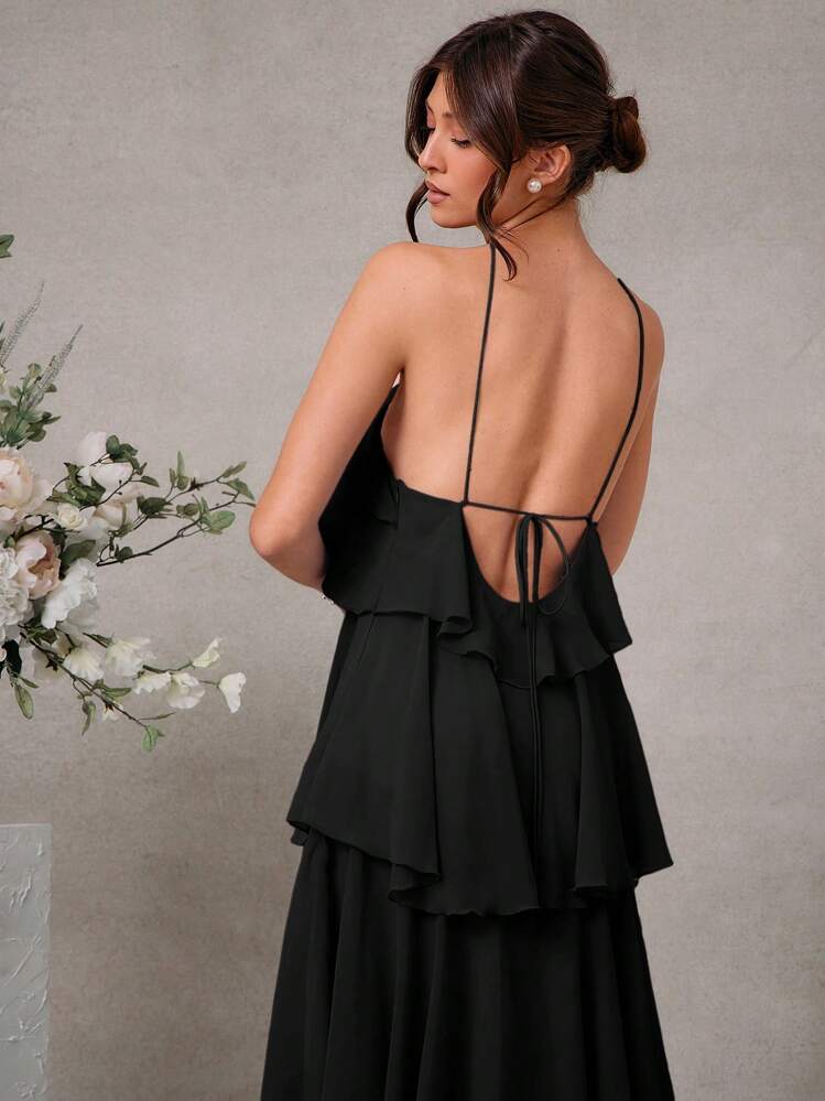 L'Amorae Elegant Romantic Wedding Guest Solid Halter Tiered Chiffon Maxi Dress - Black - View 3