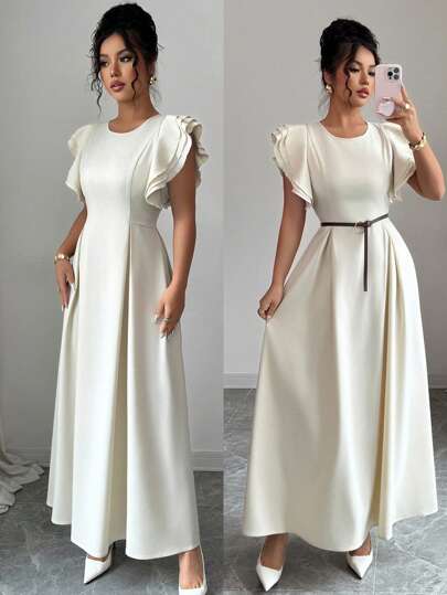 Rafferiza 法式优雅三层荷叶边圆领后背隐形抽绳腰部装饰连衣裙