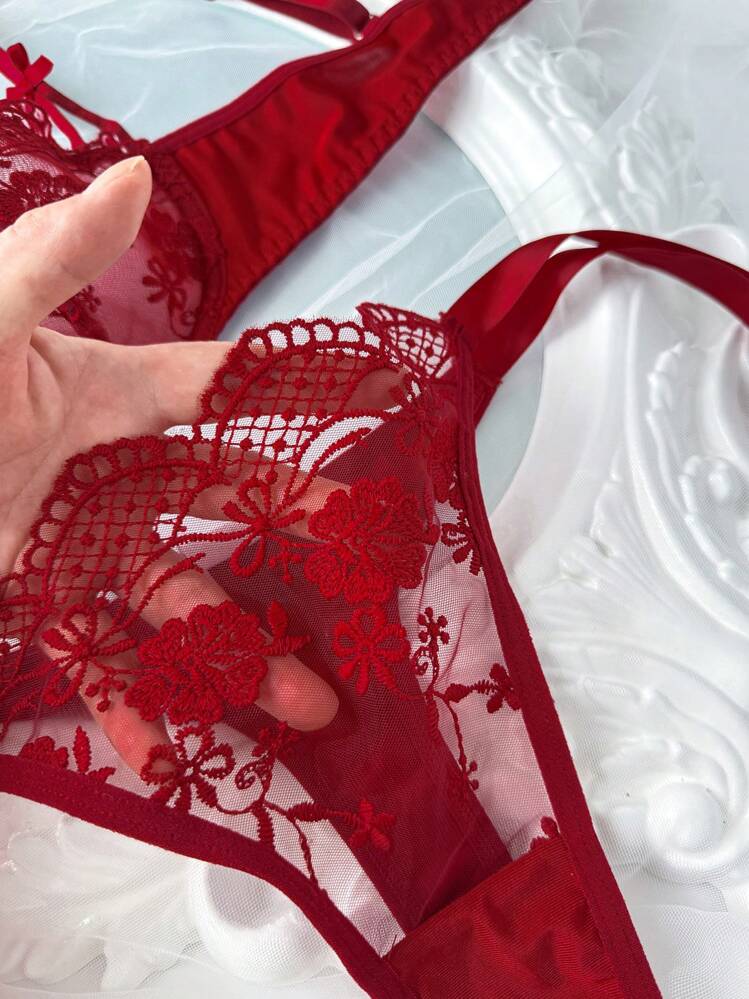 SHEIN Conjunto de lencería sexy de 2 piezas para mujer, con sujetador y pantie de encaje con parches de unicolor y nudos, transparente - Burdeos - Añade 5