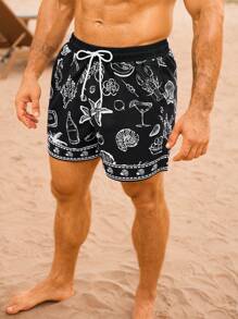Surfspeed Men's Starfish Print Drawstring Waist Beach Shorts - Black - View 6