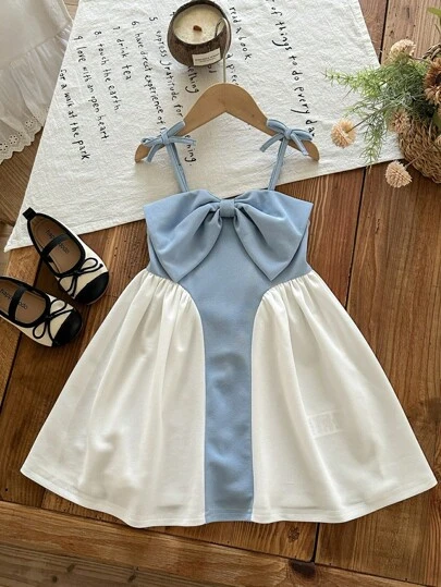 SHEIN LMoss Kids 年轻女孩时尚优雅经典蝴蝶结装饰撞色派对礼服