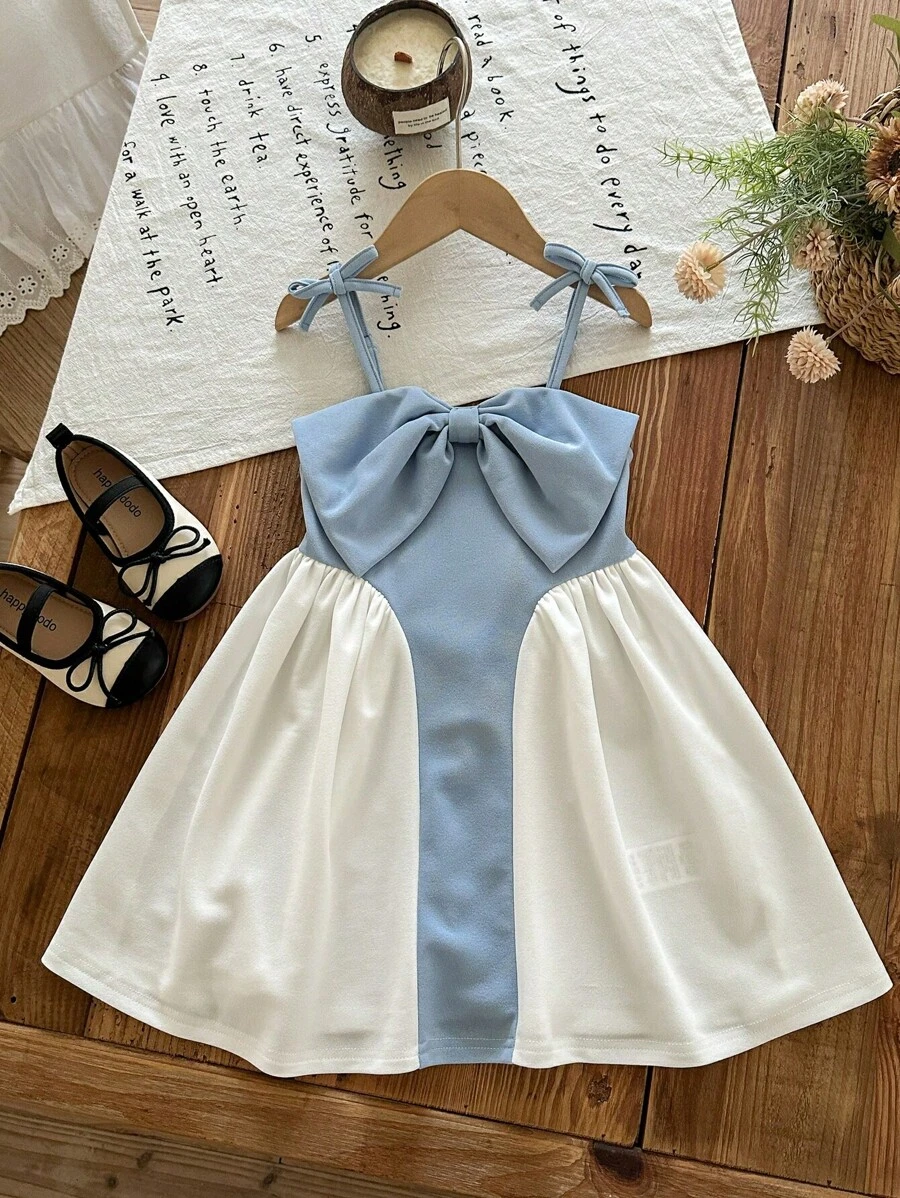 SHEIN LMoss Kids Đầm dự tiệc màu tương phản cổ điển trang trí nơ thanh lịch thời trang cho bé gái - Màu xanh lam - Xem 1