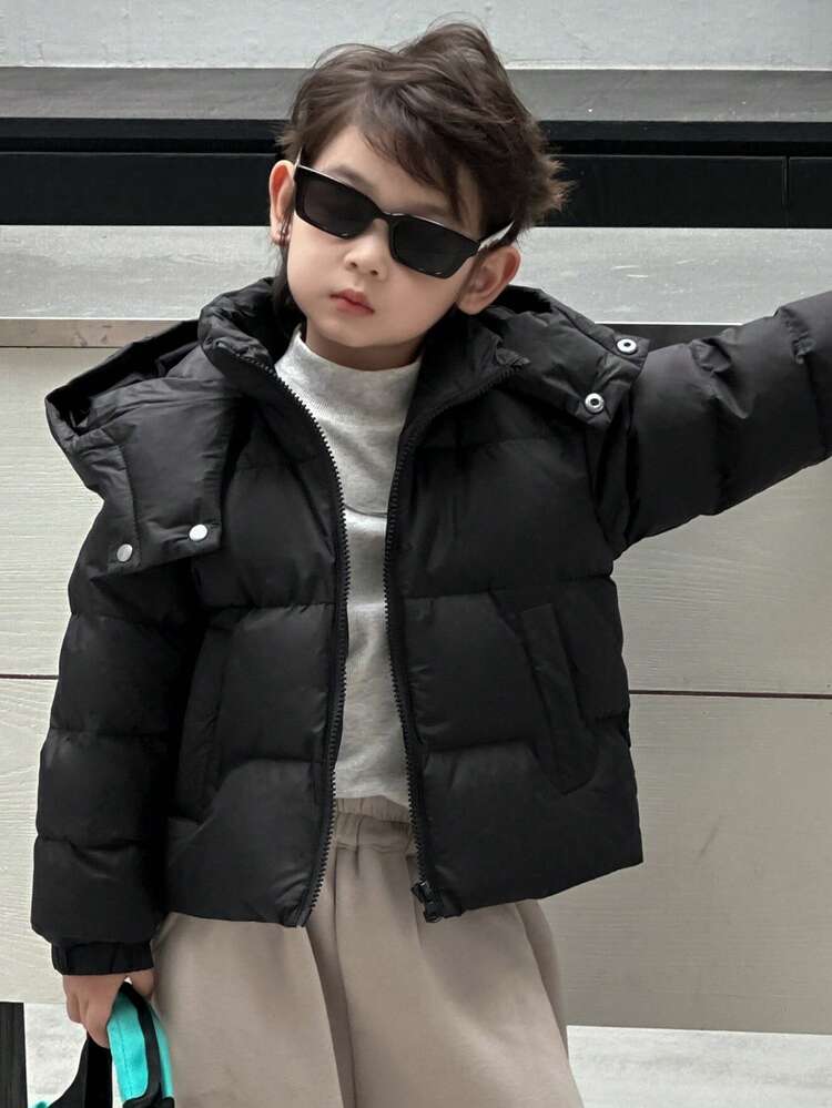 Young Boy Hooded Solid Color Casual Street Style Padded Coat Winter