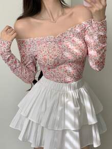 DAZY Parte superior ajustada de mujer con hombros descubiertos con estampado floral y de plantas en todo el diseño, manga larga, ropa de mujer de otoño, Pascua - Rosa - Ver 6