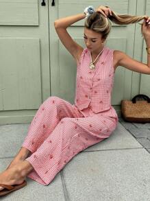 SHEIN Frenchy Women 2pcs Set Sleeveless Striped Bowknot Button Front Shirt And Pants, Casual Summer Outfit Christmas New Year Red Red - Red - View 4