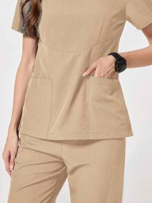 TaskEZ Solid Color Notched Neck Short Sleeve Top And Pocket Shorts Scrub Uniform Set - Khaki - View 8