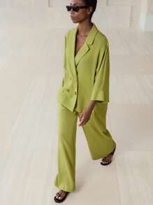 Aveloria Modichic 春夏两件套：宽松双排扣西装外套，松紧腰长裤，宽袖口侧开衩上衣，双口袋喇叭裤 - 綠色 - 查看 4