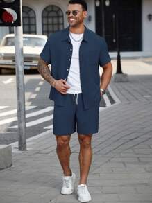 Manfinity Homme Conjunto de camisa casual de botones de talla grande para hombres, 2 piezas de camisa abotonada de verano para hombres - Azul - Ver 4
