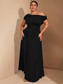 SHEIN Tall CURVE Váy Maxi chữ A thanh lịch, vải co giãn siêu đa năng cỡ lớn cho nữ, màu đen hoặc mặc hàng ngày, dự tiệc, trễ vai, dành cho phụ nữ to lớn - màu đen - Xem 4