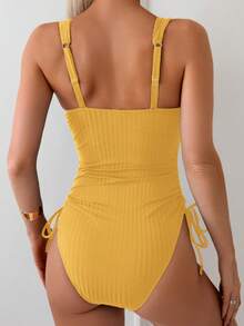 Swim Basics 1 件女士纯色侧抽绳连体泳衣，度假风格 - 黃色 - 查看 2