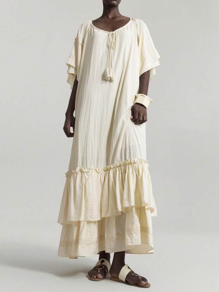 2025 Spring/Summer Women Casual Solid Color Ruffle Hem Dress, Suitable For Holiday, Vacation, Wedding Guest, Church