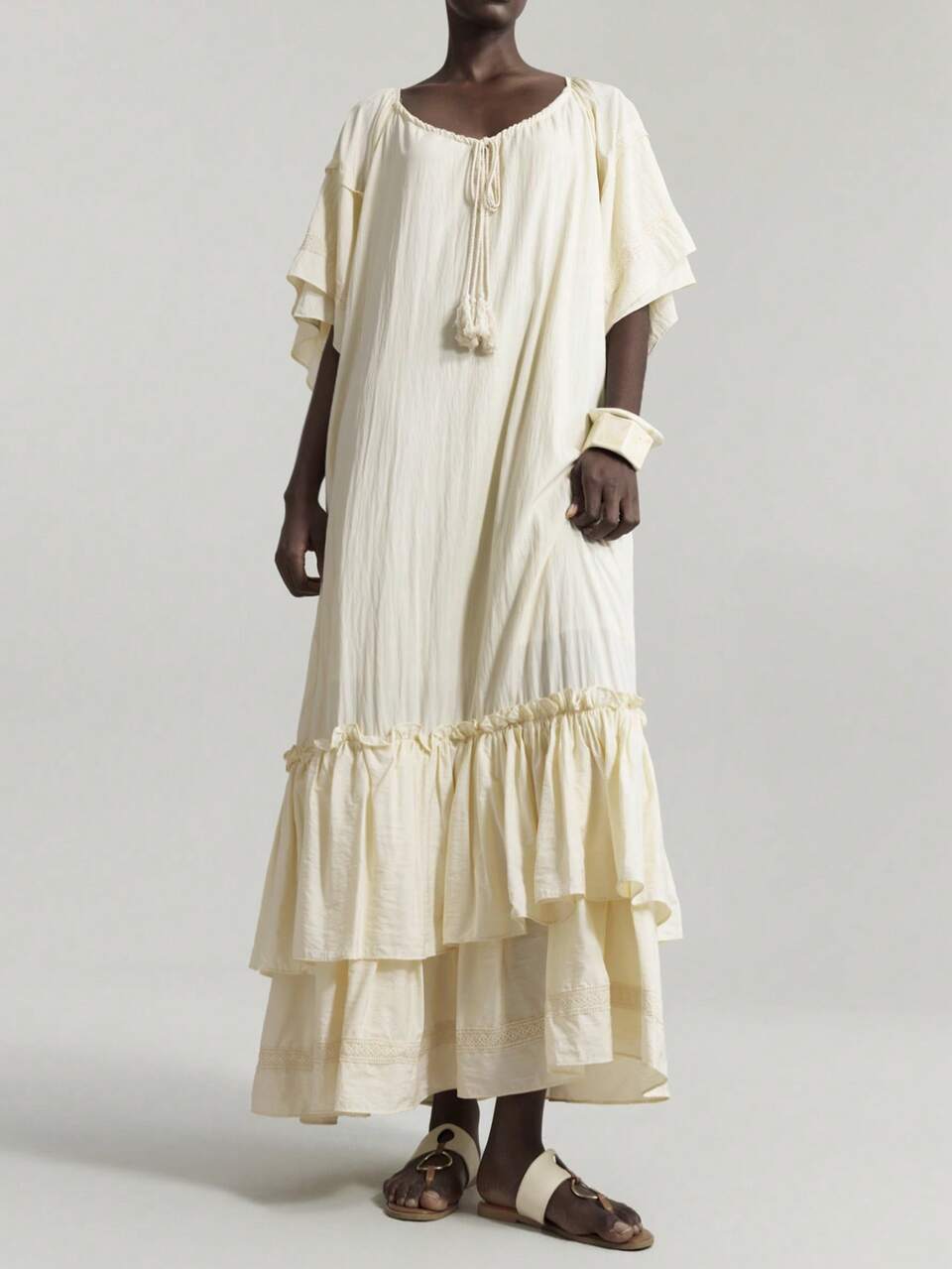 2025 Spring/Summer Women Casual Solid Color Ruffle Hem Dress, Suitable For Holiday, Vacation, Wedding Guest, Church