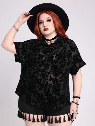 EDITION Plus Size Vintage Goth Romantic Floral Flocked Transparent Casual Holiday Short Sleeve Shirt