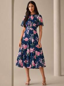 Lilora Women Floral Print Round Neck Casual Short Sleeve Dress Urban Style Round Neck Floral Short Sleeve Dress Out And About Urban Leisure, Romantic And Elegant, Going Out - Navy Blue - View 4