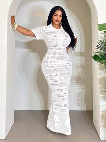 Slaydiva 复活节波西米亚风休闲轻盈纯色翻领前扣短袖修身镂空针织长裙，优雅浪漫，适合春夏季、海滩、日常穿着，加大码 - 白色 - 查看 11