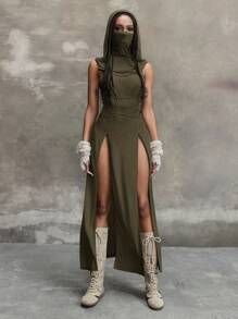 ROMWE Grunge Punk Y2K 千禧年复古末日荒原风格连帽低胸高开衩连衣裙 - 軍綠色 - 查看 4